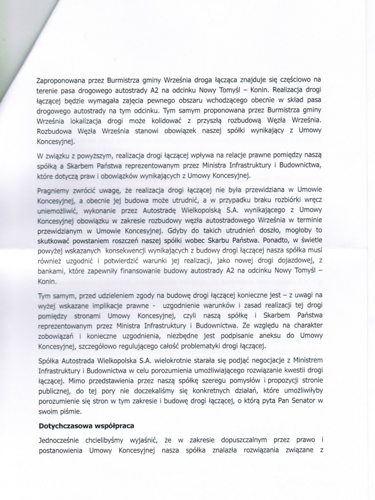 Odpowiedź Autostrady senatorowi Robertowi Gawłowi w sprawie połączenia drogi z VW do autostrady