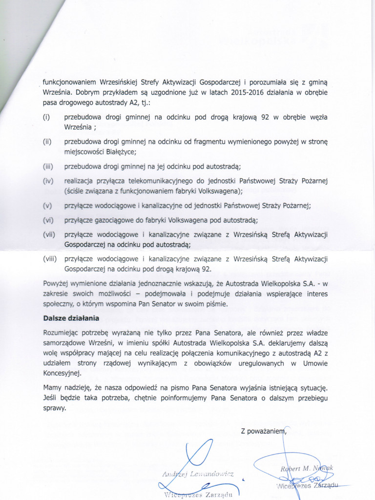 Odpowiedź Autostrady senatorowi Robertowi Gawłowi w sprawie połączenia drogi z VW do autostrady
