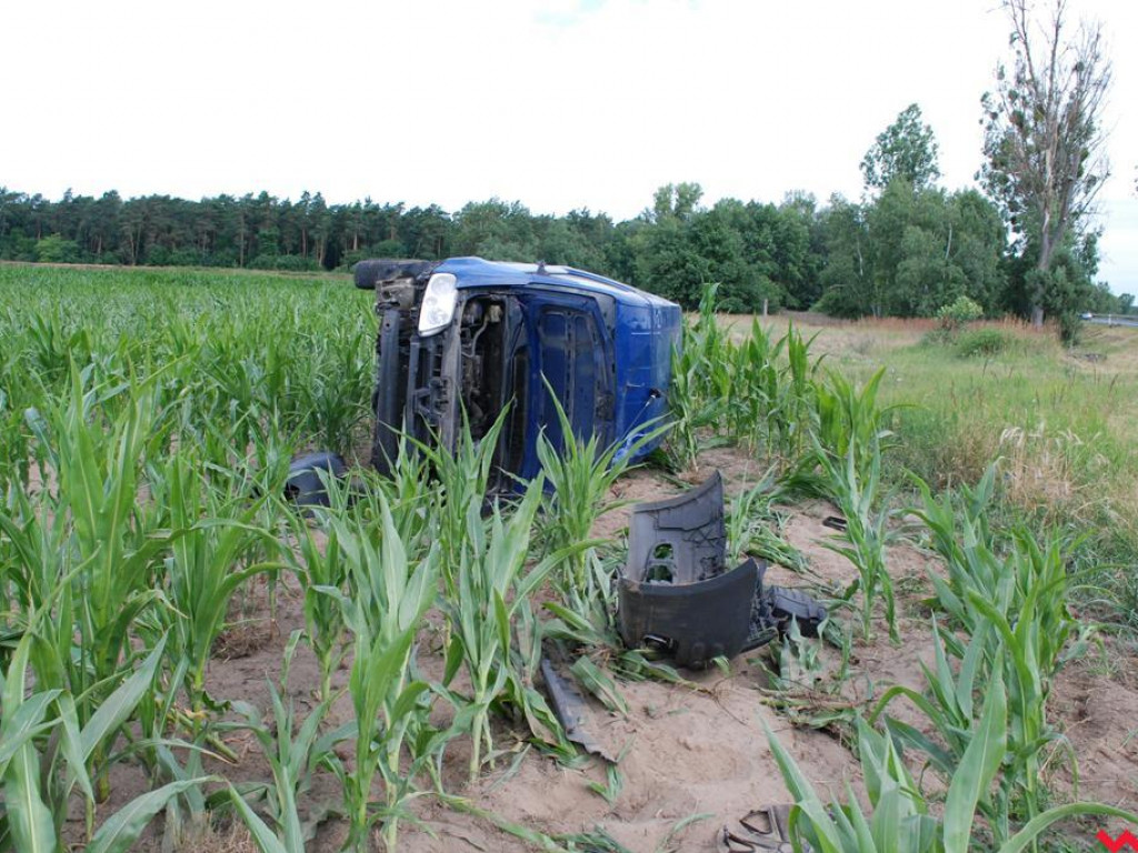 Dachowanie pod Pyzdrami. Auto zakończyło jazdę w polu