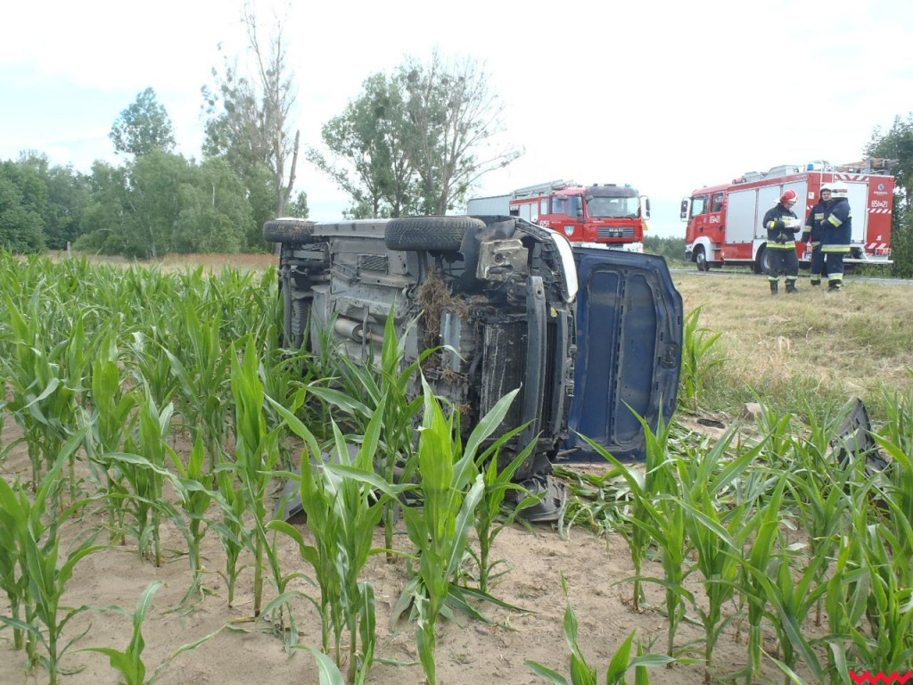 Dachowanie pod Pyzdrami. Auto zakończyło jazdę w polu