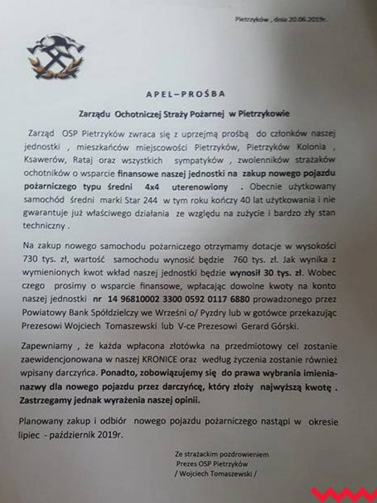Strażacy z Pietrzykowa zwracają się z prośbą o wsparcie zakupu nowego samochodu pożarniczego