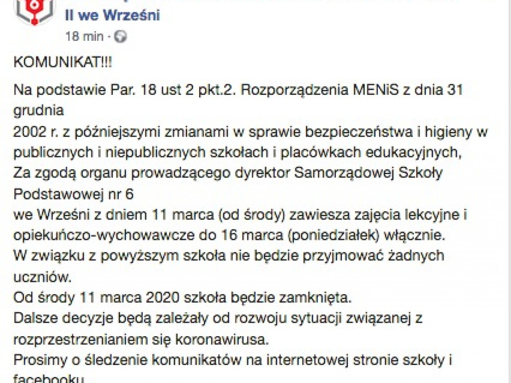 Koronawirus: szkoły podstawowe we Wrześni i Kołaczkowie zamknięte