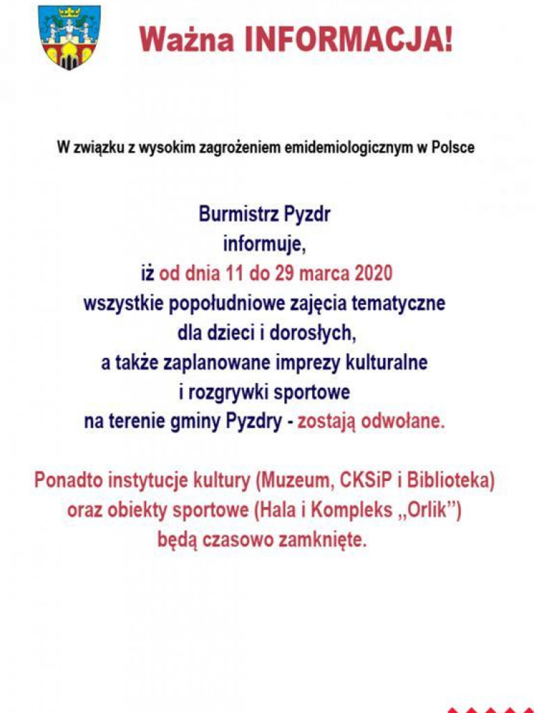 Ważne komunikaty dla mieszkańców gminy Pyzdry w sprawie zagrożenia koronawirusem