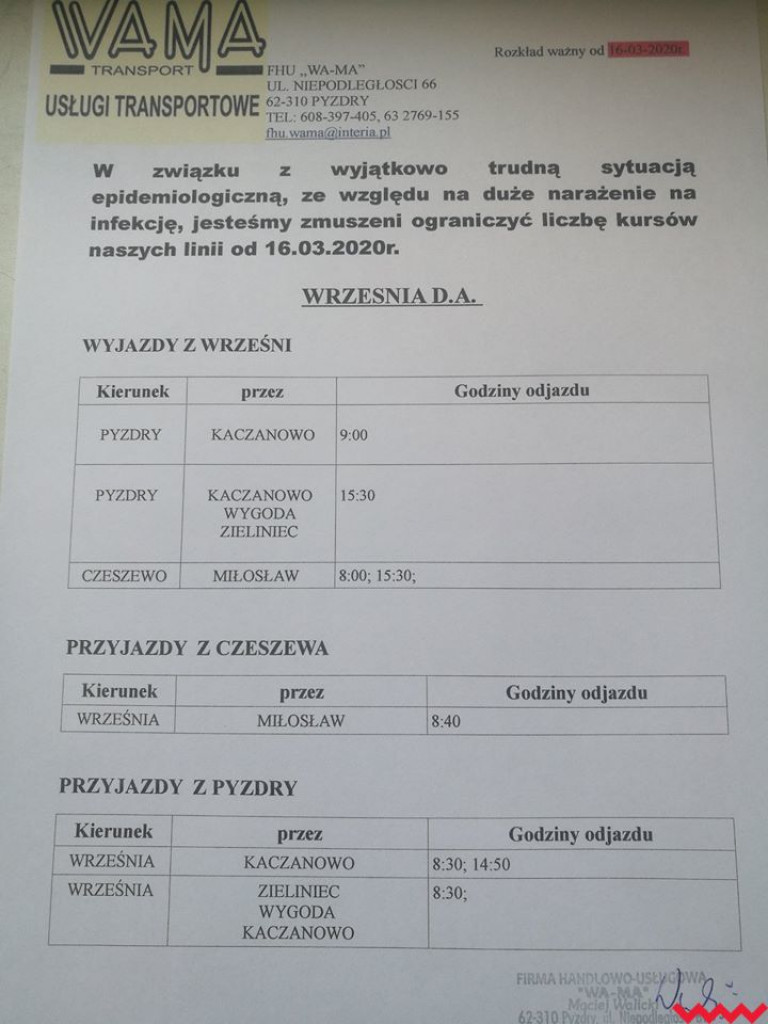 Ograniczenia w kursowaniu autobusów na trasie Pyzdry - Września oraz Miłosław - Września