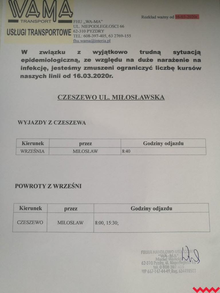 Ograniczenia w kursowaniu autobusów na trasie Pyzdry - Września oraz Miłosław - Września