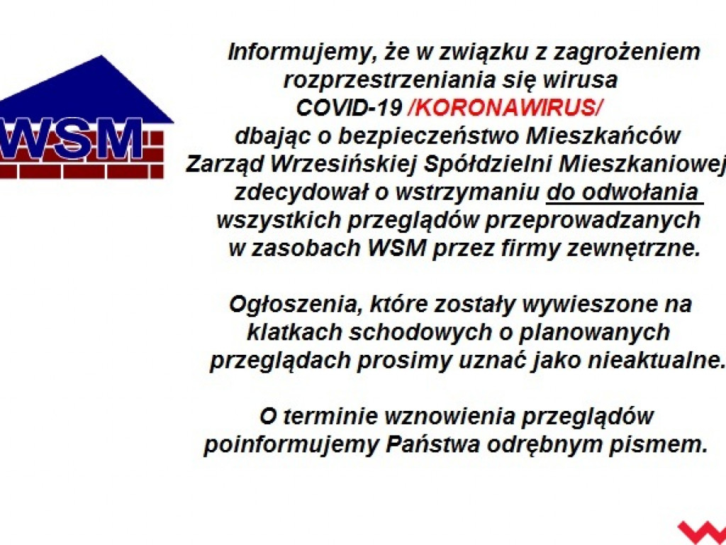 Spółdzielnia uspokaja. Wszystkie przeglądy odwołane bezterminowo