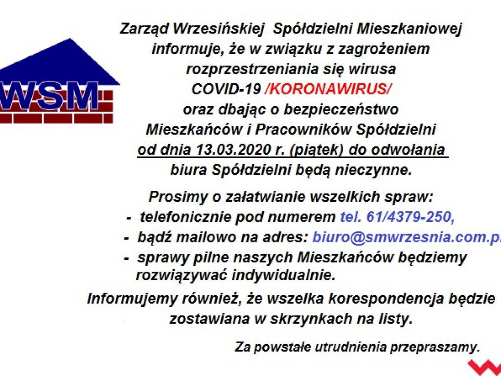 Spółdzielnia uspokaja. Wszystkie przeglądy odwołane bezterminowo