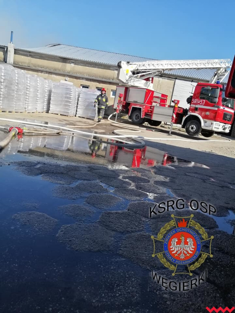 Groźny pożar w fabryce pelletu. Spaliła się cała hala, zawalił się dach